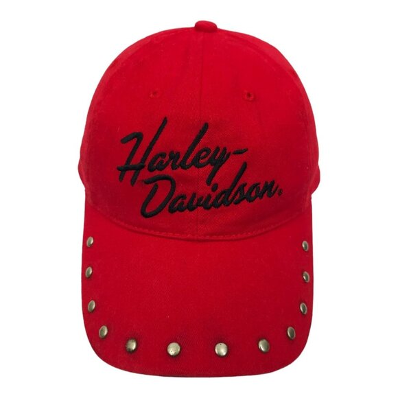 Harley Davidson Embroidered Red Adjustable Tuck Strap Cap Trucker Biker Hat Rive - Picture 1 of 14